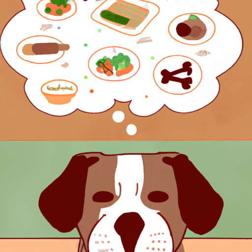 איור של כלב עם בועת מחשבה וסוגי מזון שונים