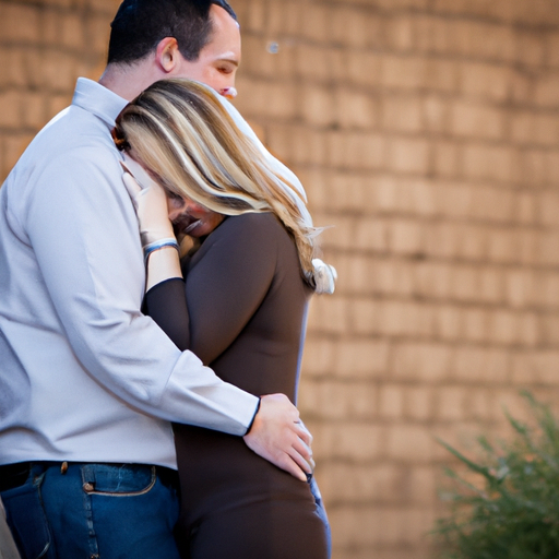Пара нежно обнимается во время фотосессии помолвки.