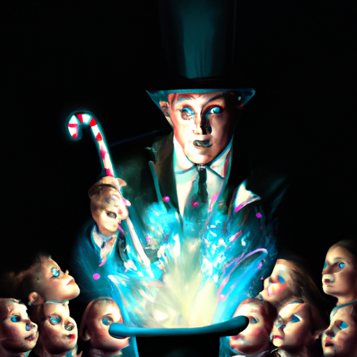 צילום של קוסם מבוגר עם כובע ושרביט, מוקף בקבוצת ילדים בעיניים פקוחות בתדהמה.