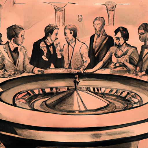 תמונה וינטג' המתארת אנשים סביב שולחן רולטה קלאסי, המשקפת את הקסם של משחקי קזינו מסורתיים.